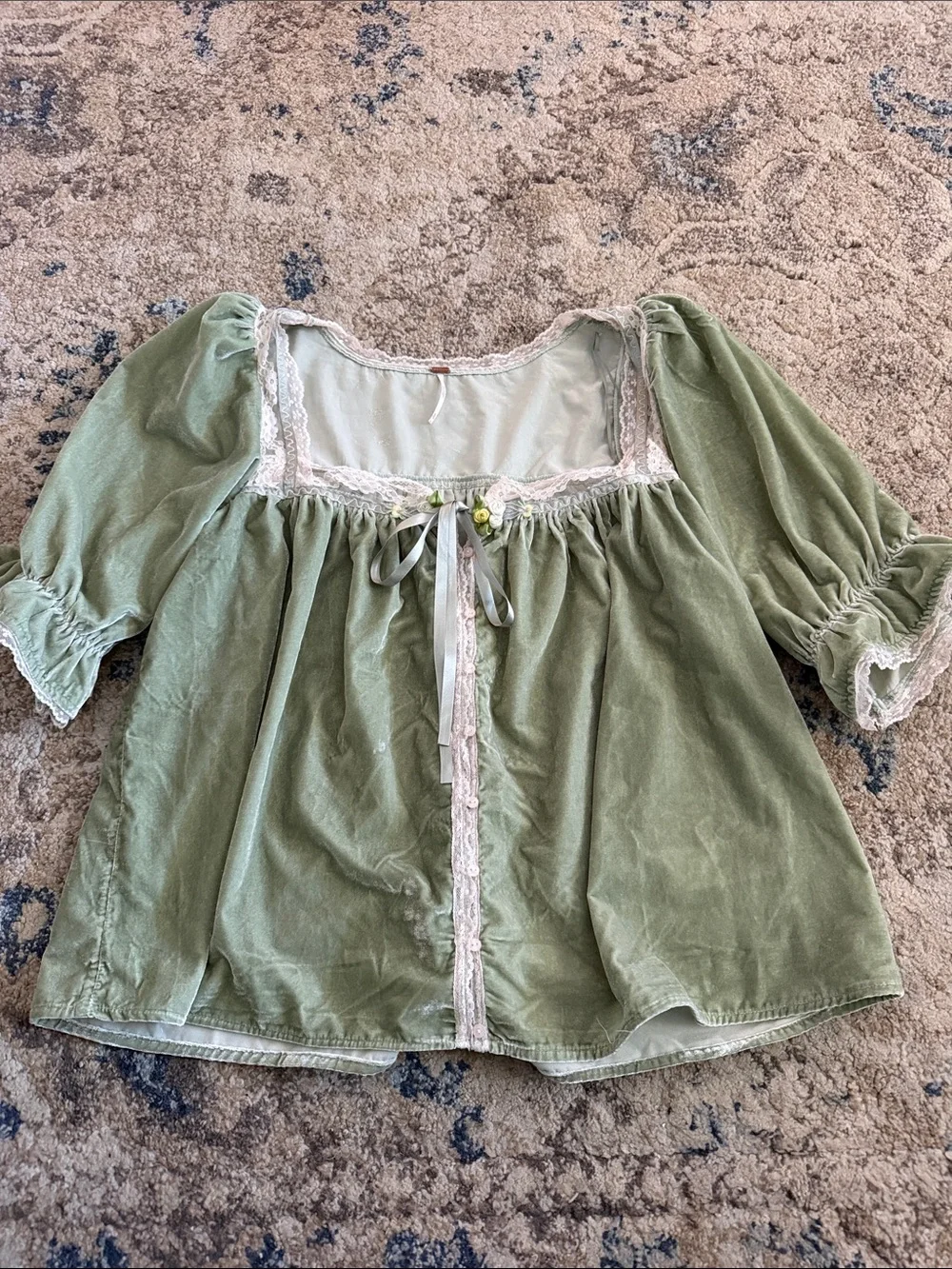 Free People Green Prairie Peasant Blouse with Lace Trim - Picture 2 of 7